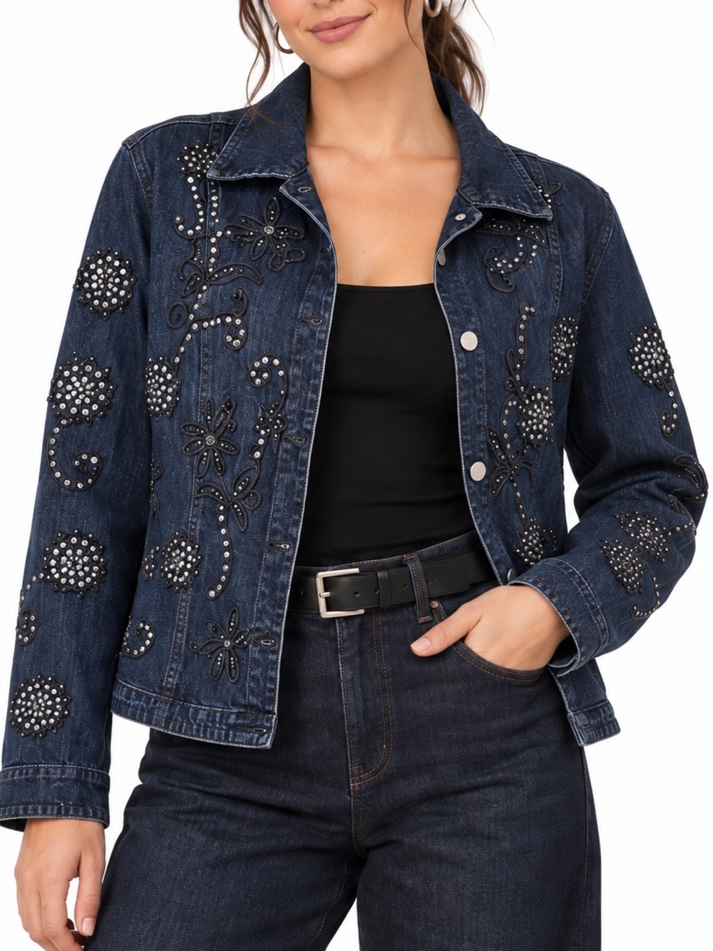 Vintage 80s/90s Flashback Jean Jacket Embroidered Sequin Stretch Denim Medium